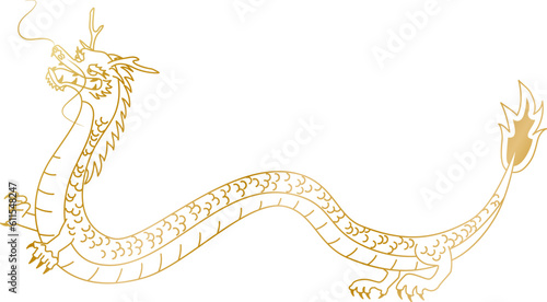 金色の線で描かれた横向きの龍の全身イラスト　線のみ塗りなし　