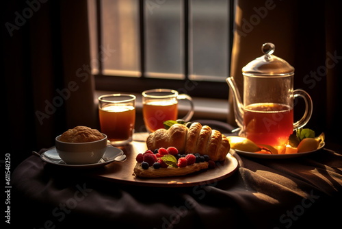 Pairing Tea with Delicious Pastries, Mid-angle Shot, created with Generative AI