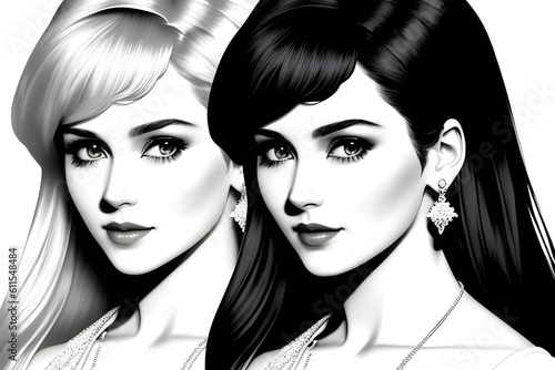2 Pretty Model Women in black and white drawing