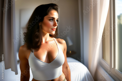 Woman in a skintight white T-shirt and shorts being lit by light from a large window. Generative AI_7. Free Download Woman in a skintight white T-shirt and shorts being lit by light from a large window. Generative AI_7. - GFXLoad