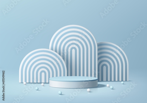 Fototapeta Naklejka Na Ścianę i Meble -  3D background realistic white and blue cylinder podium with arches stripes backdrop. Wall minimal scene. Mockup cosmetic product display. Abstract geometric platform. Stage showcase. Vector rendering.