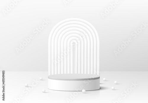 Abstract 3D background realistic white, gray cylinder pedestal podium with arch backdrop and bead. Minimal wall scene for mockup cosmetic product display. Vector geometric forms. Round stage showcase.