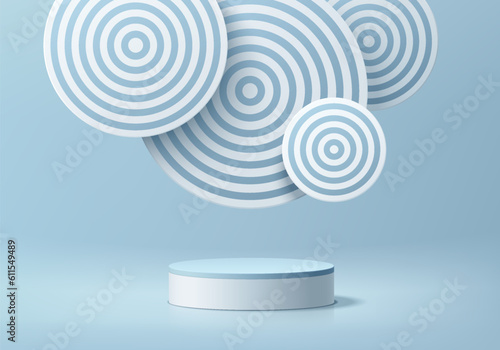 3D background realistic white and blue cylinder podium with floating radial stripes circles scene. Wall minimal mockup product display. Abstract geometric platforms. Stage showcase. Vector rendering.