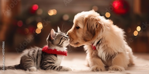 Fotobehang cat and dog christmas with generative ai
