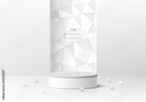 3D white background realistic cylinder podium with beads and low polygon scene in rectangle window. Wall minimal mockup product display. Abstract geometric platforms. Stage showcase. Vector rendering.
