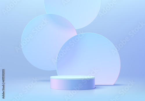 3D background realistic white and blue cylinder pedestal podium with floating circles glass scene. Wall minimal mockup product display. Abstract geometric platforms. Stage showcase. Vector rendering.