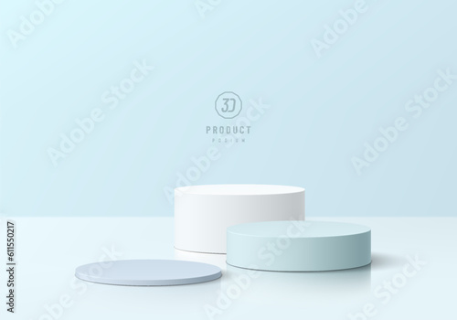3D background with set of realistic white and blue level cylinder pedestal podium. Wall minimal mockup cosmetic product display. Abstract geometric platforms. Round stage showcase. Vector 3D rendering