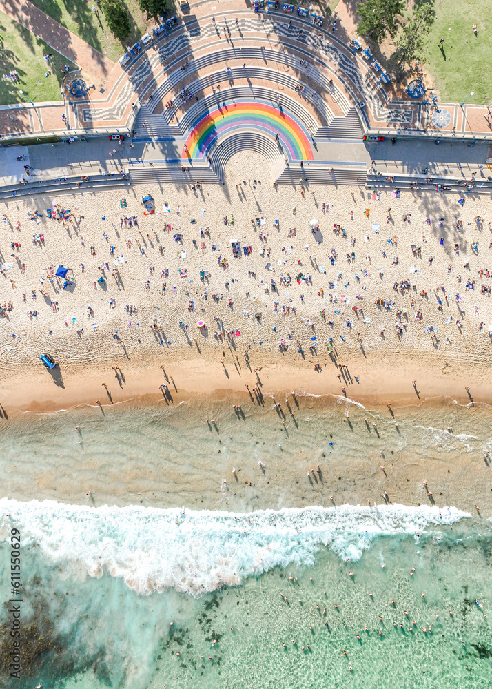 Ταπετσαρία Aerial Top-Down View of Coogee Beach Rainbow Walkway with Crowded Shoreline and