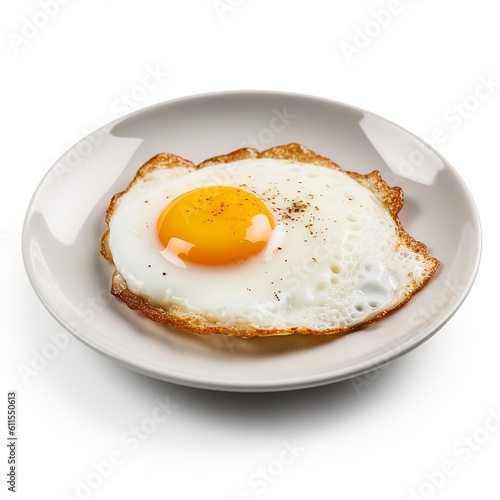 Fried egg on white plate isolated on white background, Generative AI