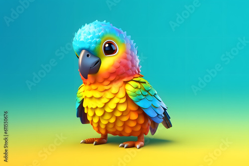 Cute colorful cartoon 3d Parrot, 3d Cartoon Parrot with colorful feather, Colorful cute Parrot generative AI