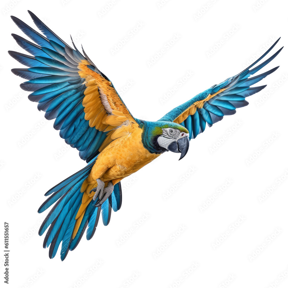 blue and yellow macaw isolated on transparent background cutout