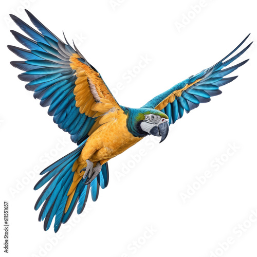 blue and yellow macaw isolated on transparent background cutout