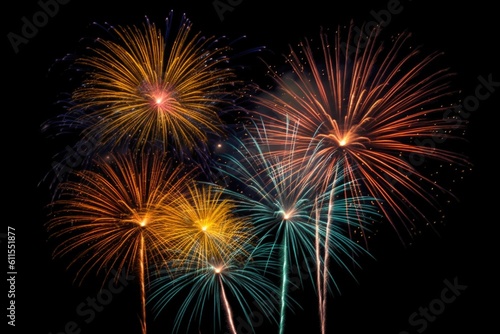 five multicolored fireworks on a black background