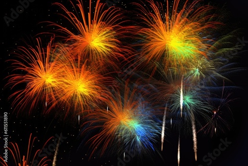 five multicolored fireworks on a black background