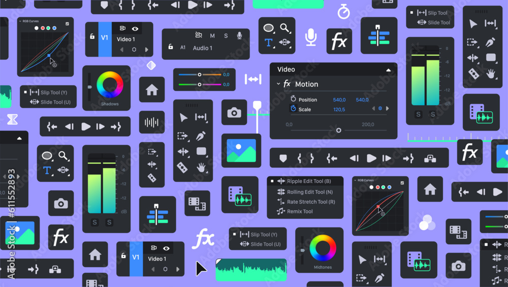 Background of Video Editor processing Tools. Tool Blocks. Graphic Movie Editing. Motion Designer UI bg. Set of icon Panels for Film makers. Set of Videomakers items. FX Buttons and icons. Toolbar Background of Video Editor processing Tools. Tool Blocks. Graphic Movie Editing. Motion Designer UI bg. Set of icon Panels for Film makers. Set of Videomakers items. FX Buttons and icons. Toolbar