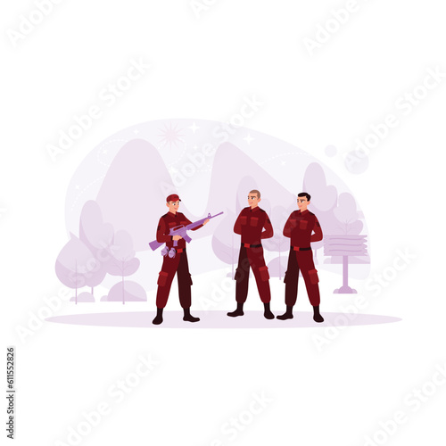 Three soldiers, following military maneuvers, against a shady tree in the background, one carrying a firearm and two with a perfect resting attitude. Trend modern vector flat illustration.