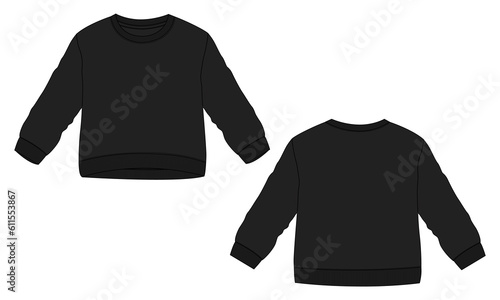 Long sleeve sweatshirt technical drawing fashion flat sketch vector illustration black color template for kids 