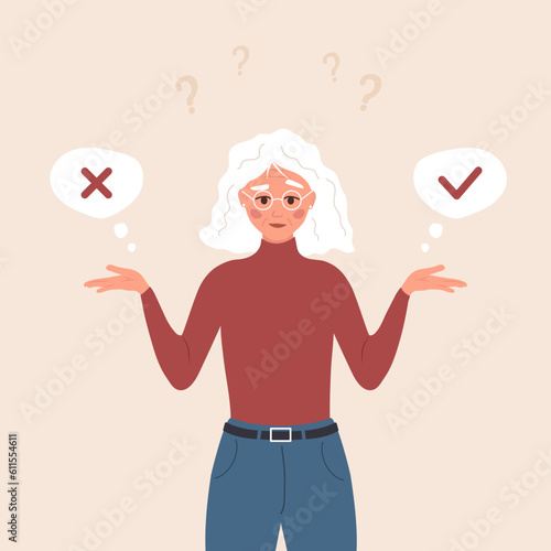Elderly woman choose yes or no. Aged lady making decision in doubt. Problem solving. Concept of choice or selection. Vector illustration in flat cartoon style.