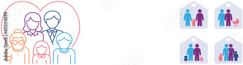 Simple set of outline icons about people, types of family structures