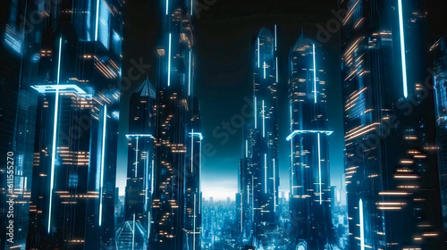Beautiful neon night in a cyberpunk city. Illustration of the futuristic city skyscraper. generative AI. © junghc1