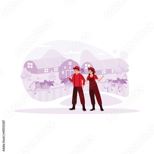 Happy young couple, manager of cattle farm. Background of several buildings as cowsheds and many cows roaming around. Trend Modern vector flat illustration.