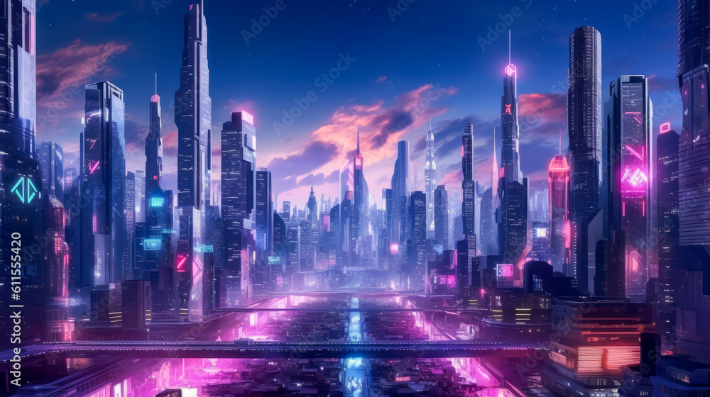 Beautiful neon night in a cyberpunk city. Illustration of the futuristic city skyscraper. generative AI.