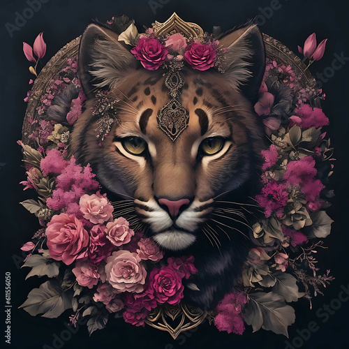 Portrait of a puma with flowers, created with Generative AI.