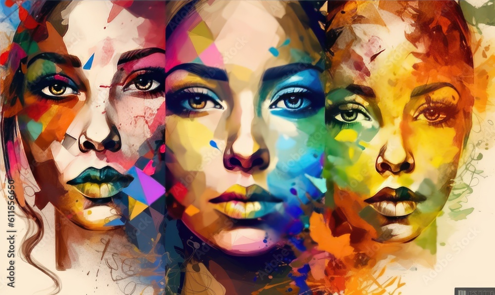 set of colorful faces of women, in the style of layers of paint set of colorful faces of women, in the style of layers of paint