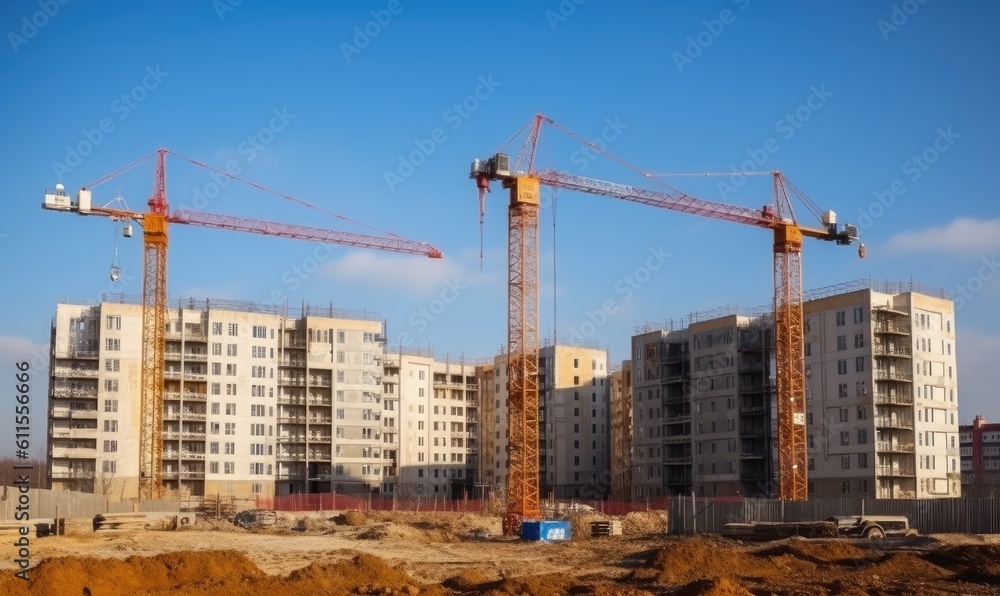 Construction site of tall buildings with cement mixers and bulldozers. Creating using generative AI tools Construction site of tall buildings with cement mixers and bulldozers. Creating using generative AI tools