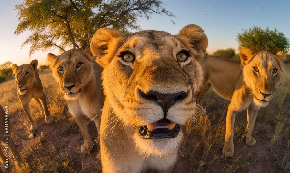 Lion's selfie radiates strength and dominance in the animal kingdom. Creating using generative AI tools Lion's selfie radiates strength and dominance in the animal kingdom. Creating using generative AI tools