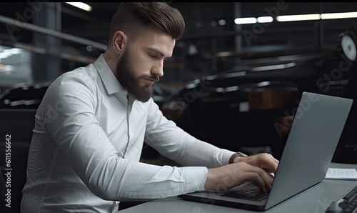 Male engineer in work uniform typing on laptop at car manufacturing plant Creating using generative AI tools