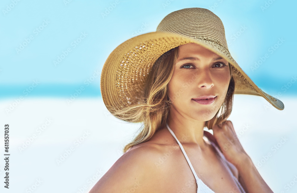Space, summer and portrait of woman at beach for travel vacation, tropical and relax mockup. Wellness, nature and holiday with face of female tourist and hat at seaside for sunbathing and paradise