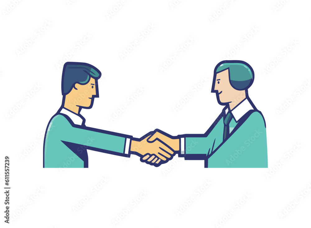 Two smiling employees shaking hands in office