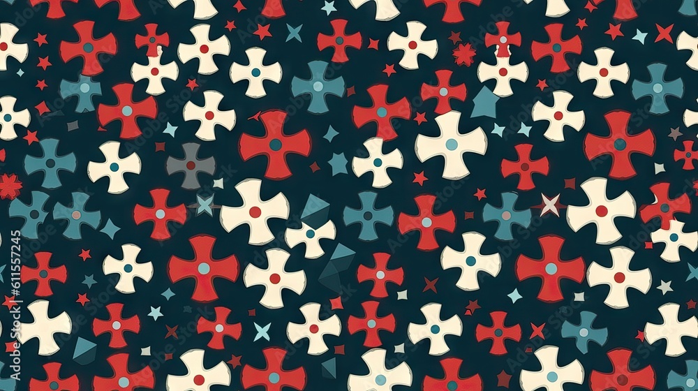 Fototapeta premium Tile pattern design featuring flat color crosses. The simple and modern design makes it versatile for various contexts, from religious to decorative. Generative AI