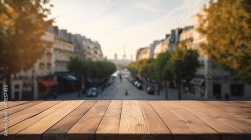 Wood table mockup with Paris city street in shallow depth of field. Copy space for product. Generative AI