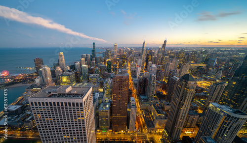 Chicago building city view from observation deck high level with sunset sky