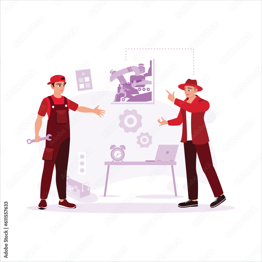 Obraz premium Automotive mechanic with a tool in hand, explaining car problems to the owner in an office, complete with desk and computer. Trend modern vector flat illustration.