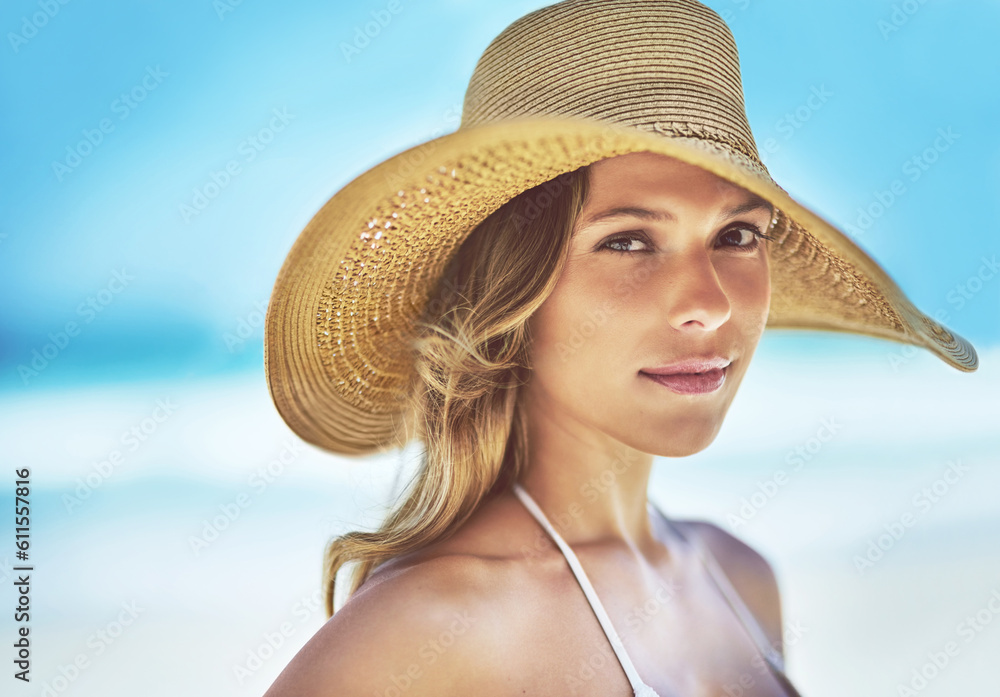 Holiday, summer and portrait of woman at beach for vacation, tropical and relax mockup. Wellness, nature and travel with face of female tourist and hat at seaside for sunbathing and paradise