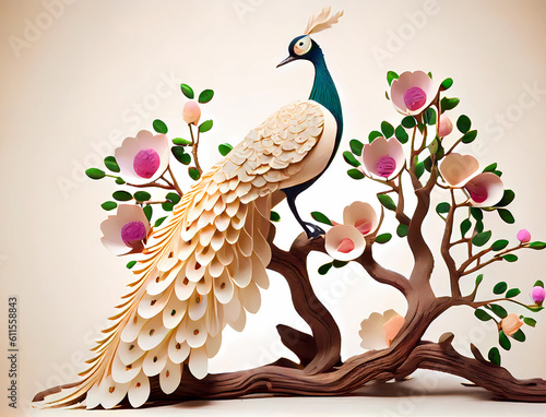 paper peacock sitting on a tree branch illustration. ai generated Generative AI
