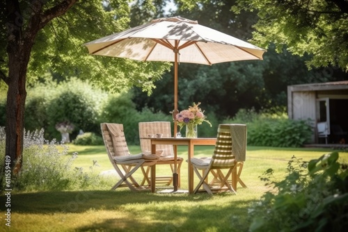 Cafe table with chair and parasol umbrella in the garden. Generative AI