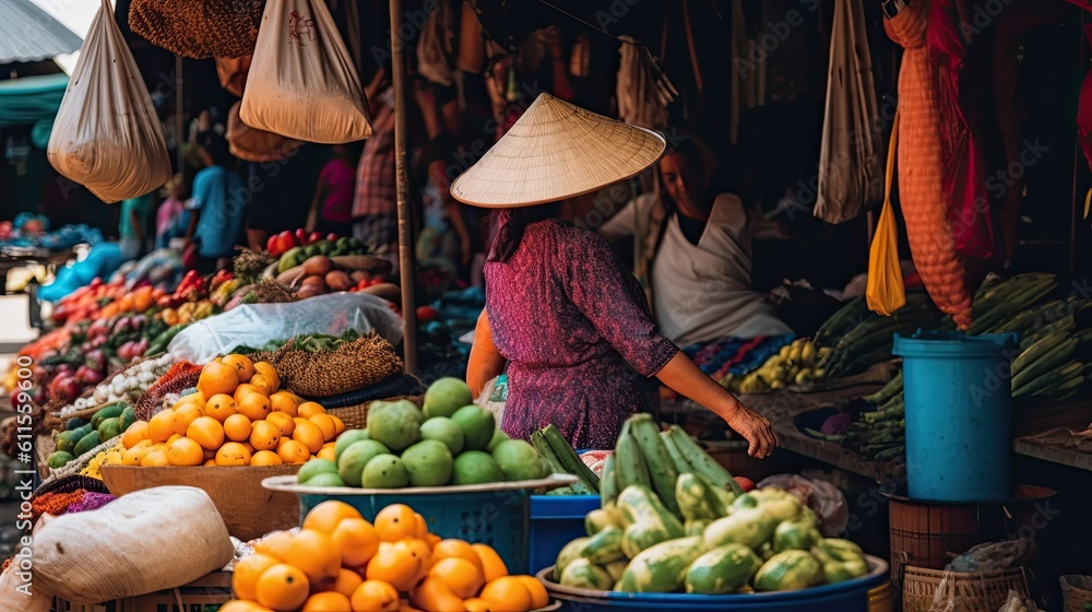 Bustling outdoor market with colorful fruits and vegetables. Travel in Asia and South America	