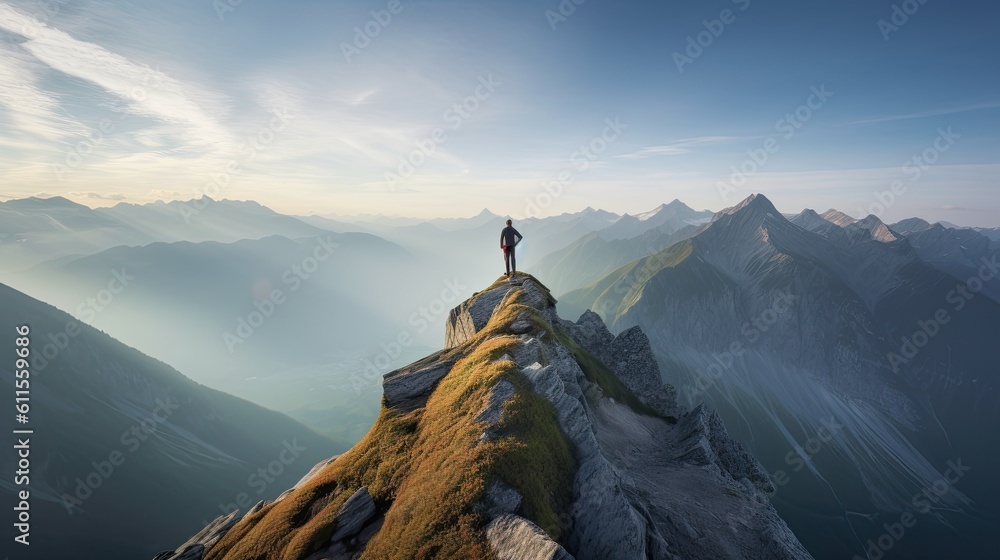 Hiker at the summit of a mountain overlooking a stunning view. Apex silhouette cliffs and valley landscape - obrazy, fototapety, plakaty 