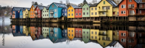 Colorful row of homes on a lake. Reflection of houses in the water. Old buildings in Europe. Architectural landscape 