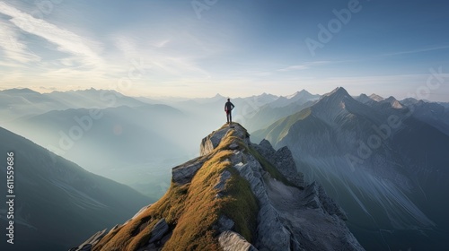 Vászonkép Hiker at the summit of a mountain overlooking a stunning view