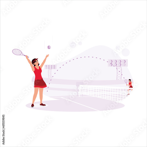 Two tennis players, playing seriously and professionally, on the tennis court. Trend modern vector flat illustration.