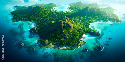 expansive aerial view of a tropical island paradise  with pristine white sandy beaches  turquoise waters teeming with marine life  and lush green rainforests extending to the horizon. Generative AI
