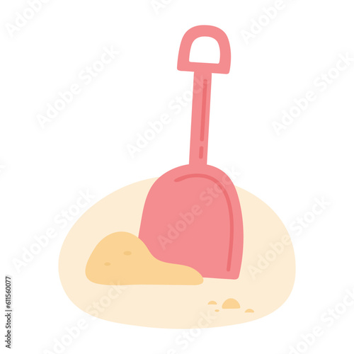 Cartoon red shovel on the sand beach