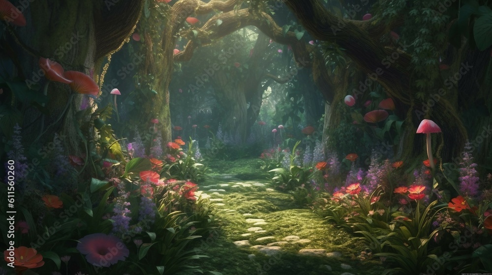 Naklejka premium Magical fantasy wood, large treest and dark colors, ai generated