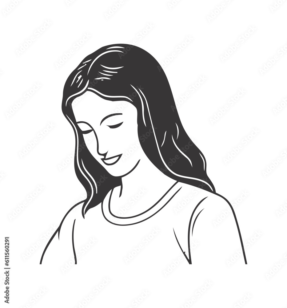 Smiling woman in black and white illustration Smiling woman in black and white illustration