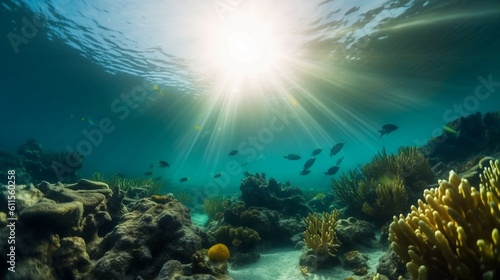 Scenic view of under water, sea bottom, with corals, sea weeds and fishes, ai generated © mashimara